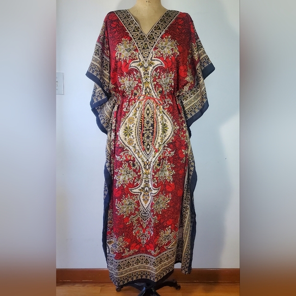Cute Options Kaftan OS Drawstring Maxi Dress Paisley Boho Cover-up Red One Size - Picture 2 of 11